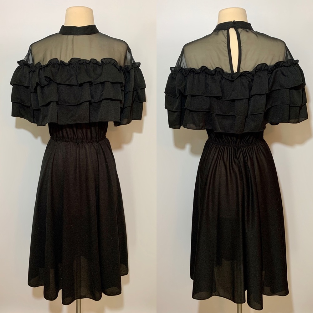 Vintage Black Sheer Neckline Ruffle Off Shoulder Bodice Fit Flare Cocktail Dress